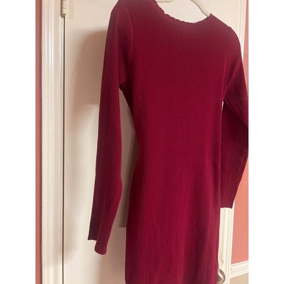 Shein M Burgundy Tie Waist Long Sleeve Scalloped Neckline Sweater Dress - Picture 3 of 6